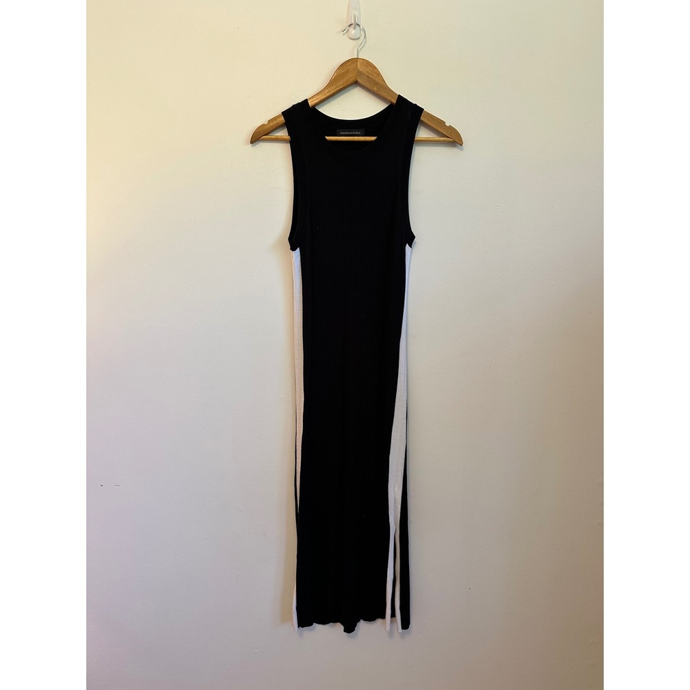Banana Republic Black Ribbed Knit Sleeveless Side Stripe Midi Dress | Size Small